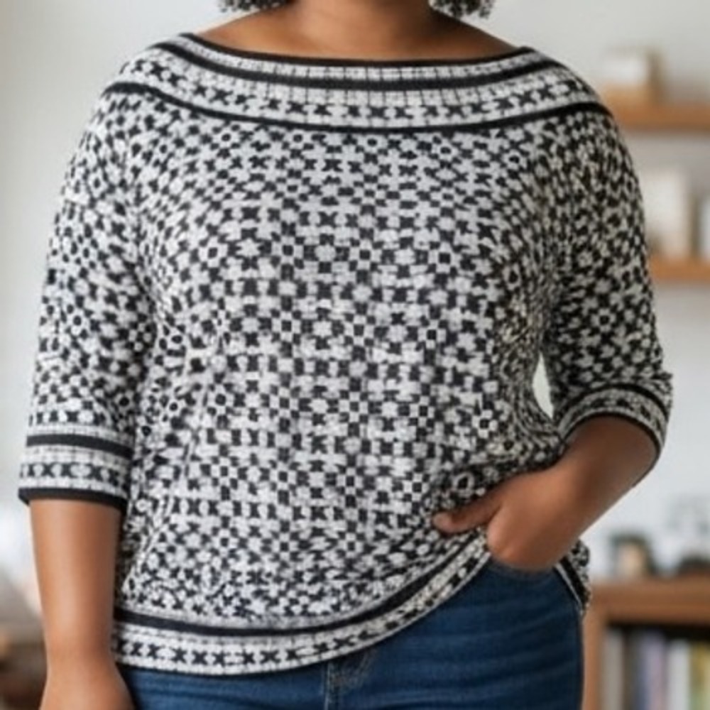 Max Studio Womens Top XL Black White Geometric 3/4 Sleeve Boat‎ Neck workwear